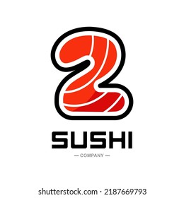 Sushi number 2 vector logo design. Suitable for restaurant or bar sushi,  emblem of Japanese food with icon shape of sushi, label or sticker initial