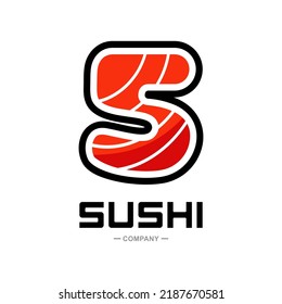 Sushi number 5 vector logo design. Suitable for restaurant or bar sushi,  emblem of Japanese food with icon shape of sushi, label or sticker initial