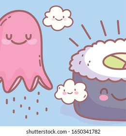sushi and ocotpus japanese cartoon food cute vector illustration