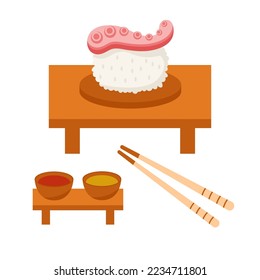 Sushi with octopus with sauce and chopsticks.Traditional japanese or asian cuisine and food.