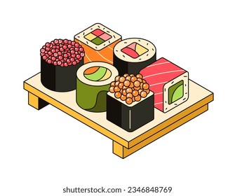 Sushi on the board, traditional asian food, served dish. Set of rolls with rice, fish, seafood, caviar, salmon and seaweed. Vector outline 3d isometric illustration. Icon for restaurant, food delivery