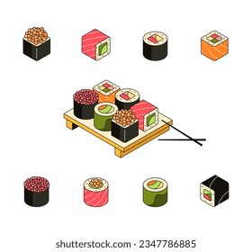 Sushi on the board, traditional asian food. Set of rolls with rice, fish, salmon, tuna, caviar, seaweed. Collection of 3d seafood icons, japanese cuisine.  Vector outline 3d isometric illustration. 