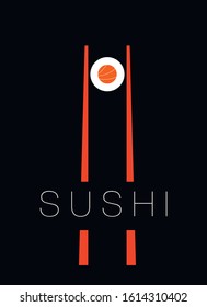 Sushi on chopsticks on black background