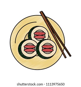 Sushi on dish with chopsticks scribble