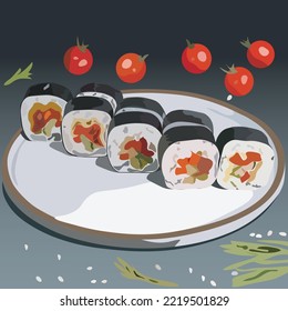 Sushi on a plate on a gray background. Suitable for posters, advertising, prints.