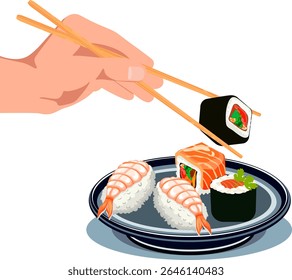 sushi em um chapa mão segurando pauzinhos
