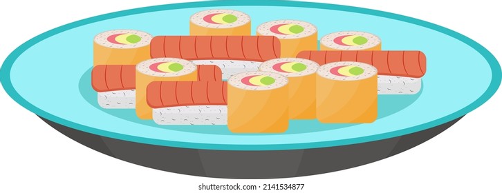 Sushi on plate, illustration, vector on a white background.