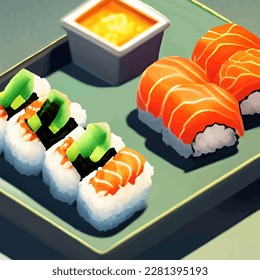 Sushi on a plate with sauce. Two types of sushi, one with cucumber, the other with salmon, and sushi sauce on a plate. Vector illustration in isometric style. EPS 10. I want to eat. Original.