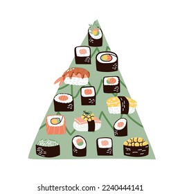 sushi en un plato en forma de árbol de Navidad. comida tradicional. ilustración vectorial dibujada a mano en estilo plano