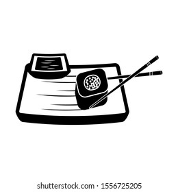 Sushi on the plate with sticks icon. Set of Japanese cuisine.