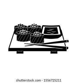 Sushi on the plate with sticks icon. Set of Japanese cuisine.