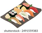 Sushi on a plate. Vector illustration.