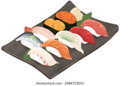 Sushi on a plate. Vector illustration.