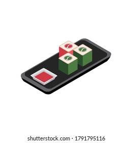 Sushi on a Rectangle Bowl Isometric Flat Icon Illustration Isolated in White