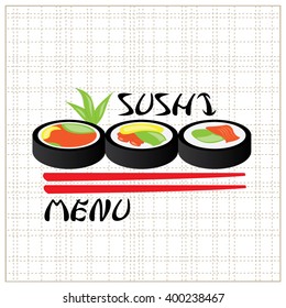 Sushi on a textured background with chopsticks and text