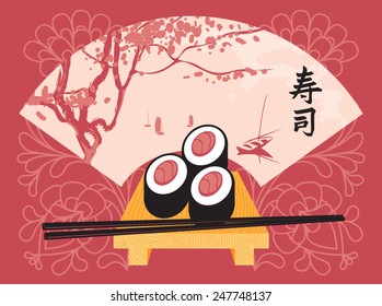 Sushi on a tray with chopsticks on a background of a fan with a picture of spring landscape with lake and trees. Character Sushi