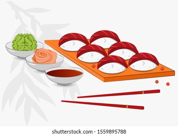 Sushi on a tray with wasabi, ginger and soy sauce. Red chopsticks for sushi. Rice sushi with tuna.