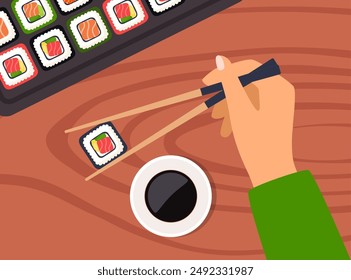 Sushi on wooden board with sushi chopsticks and soy sauce. Hand holds chopsticks with sushi. Hand holds bamboo sticks. Sushi illustration with trout fish, salmon and caviar. Vector illustration