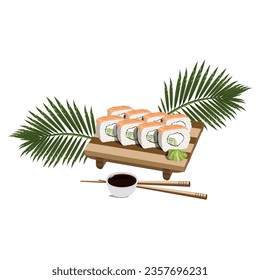 Sushi on a wooden stand with wasabi and soy sauce, decorated with tropical leaves.Vector pattern for restaurant menus.