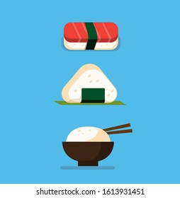 sushi, onigiri, and rice bowl, japanese food, bento icon flat illustration vector