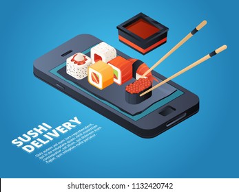 Sushi order. Online or telephone order various asian food. Vector service on smartphone, restaurant menu online, sushi and seafood illustration