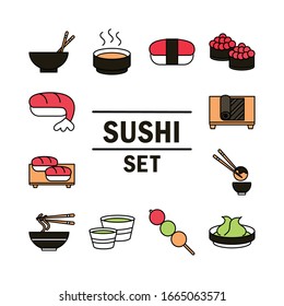 sushi oriental japanese menu traditonal food icons set vector illustration line and fill style icon