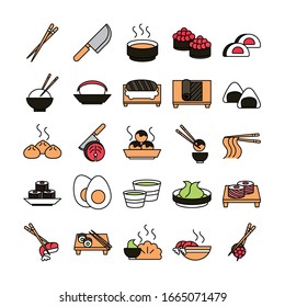 iconos de menú oriental de sushi configuran la línea de ilustración vectorial y el icono de estilo de relleno