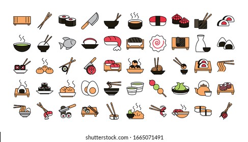 sushi oriental menu icons set vector illustration line and fill style icon