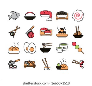 sushi oriental menu icons set vector illustration line and fill style icon