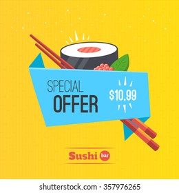 Sushi Origami Banner Special Offer On Rolls. Vector Illustration Japanese Food.