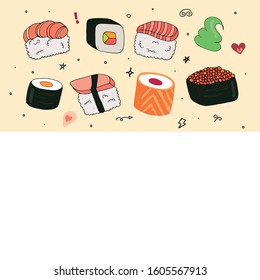 Sushi original taste logotype lettering. Traditional seaweed fresh raw food. Sushi rolls and japanese seafood . Asia cuisine restaurant delicious. Vector illustration. 