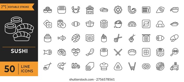 Sushi outline icons set. Editable stroke. Vector illustration.	
