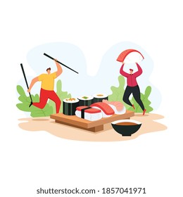 Sushi party concept. Cartoon people spending time together and eat Japanese food. Sushi roll with salmon, fresh seafood, selective food vector. Flat vector illustration