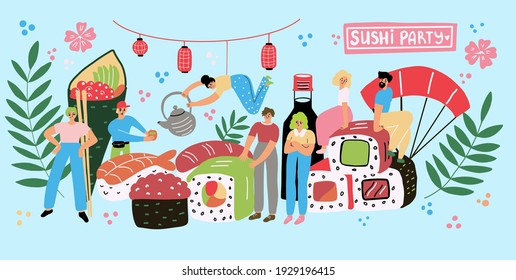 Sushi party illustration in trendy colors. Flat style. Japanese of Asian food concept.