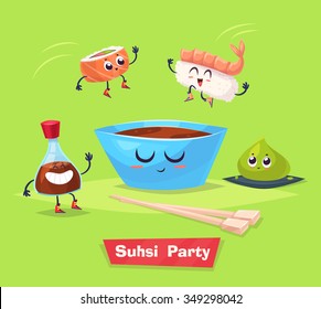 Sushi party. Two sushi jump into cup with soy sauce. wasabi and soy bottle stay beside them. Japanese food. Vector cartoon illustration. Cute stylish characters.