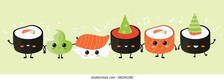 Sushi party. Vector illustration. Cute sushi characters. Asian food