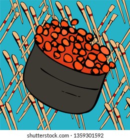 Sushi pattern background. Hand drawn various sushi vector set. All elements are isolated. Sketchy style illustration for wallpaper, menu, postcard, flyer, cafe.