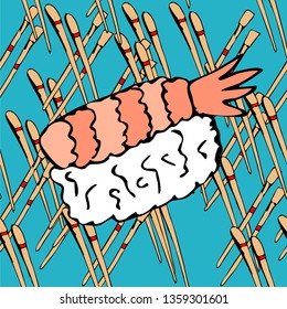 Sushi pattern background. Hand drawn various sushi vector set. All elements are isolated. Sketchy style illustration for wallpaper, menu, postcard, flyer, cafe.
