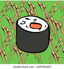 Sushi pattern background. Hand drawn various sushi vector set. All elements are isolated. Sketchy style illustration for wallpaper, menu, postcard, flyer, cafe.