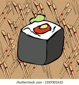 Sushi pattern background. Hand drawn various sushi vector set. All elements are isolated. Sketchy style illustration for wallpaper, menu, postcard, flyer, cafe.