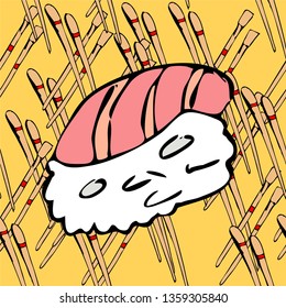 Sushi pattern background. Hand drawn various sushi vector set. All elements are isolated. Sketchy style illustration for wallpaper, menu, postcard, flyer, cafe.