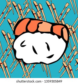 Sushi pattern background. Hand drawn various sushi vector set. All elements are isolated. Sketchy style illustration for wallpaper, menu, postcard, flyer, cafe.