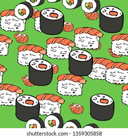 Sushi pattern background. Hand drawn various sushi vector set. All elements are isolated. Sketchy style illustration for wallpaper, menu, postcard, flyer, cafe.
