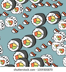 Sushi pattern background. Hand drawn various sushi vector set. All elements are isolated. Sketchy style illustration for wallpaper, menu, postcard, flyer, cafe.