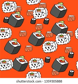 Sushi pattern background. Hand drawn various sushi vector set. All elements are isolated. Sketchy style illustration for wallpaper, menu, postcard, flyer, cafe.