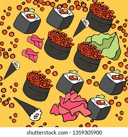 Sushi pattern background. Hand drawn various sushi vector set. All elements are isolated. Sketchy style illustration for wallpaper, menu, postcard, flyer, cafe.