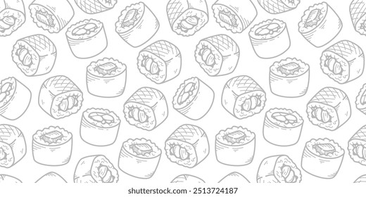 fundo do padrão sushi. Plano de fundo de padrão sem costura de comida japonesa. plano de fundo de padrão sem costura de sushi. plano de fundo padrão de sushi de doodle.