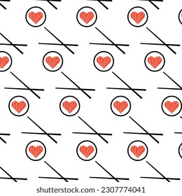 Ilustración de diseño de patrón de sushi Resumen de fondo blanco. Amo La Cocina Japonesa. Rollo de Sushi con Salmón con forma de corazón y palillos para la promoción de marca, tapiz, pancarta, publicidad al aire libre, web, menú.
