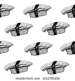 Sushi pattern. Hand-drawn japanese food sushi and rolls on a white background. Seamless vector backdrop. Black and white.