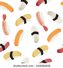 Sushi pattern. Japanese dishes seamless pattern. Food background.